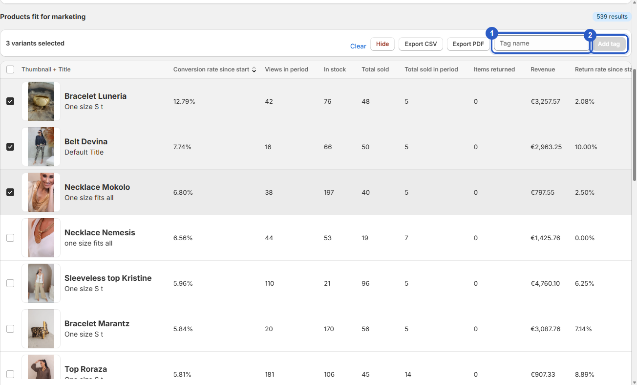 Selected products with the tag field and Add tag button