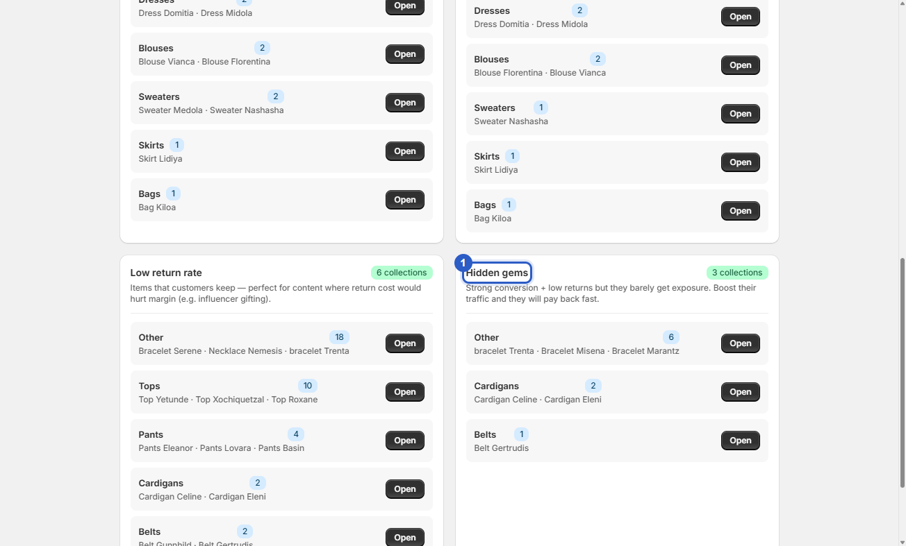 The Hidden gems category in the Marketing assistant