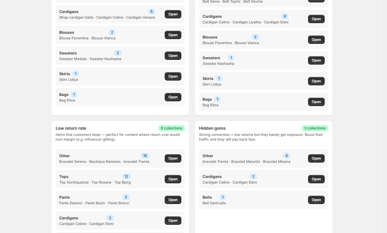 The Low return rate and Hidden gems categories, split into groups with an Open button per group