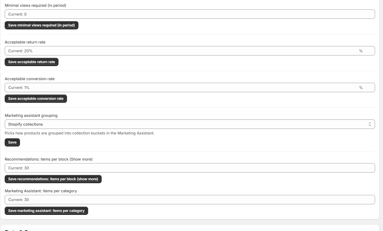 The grouping and items per block settings