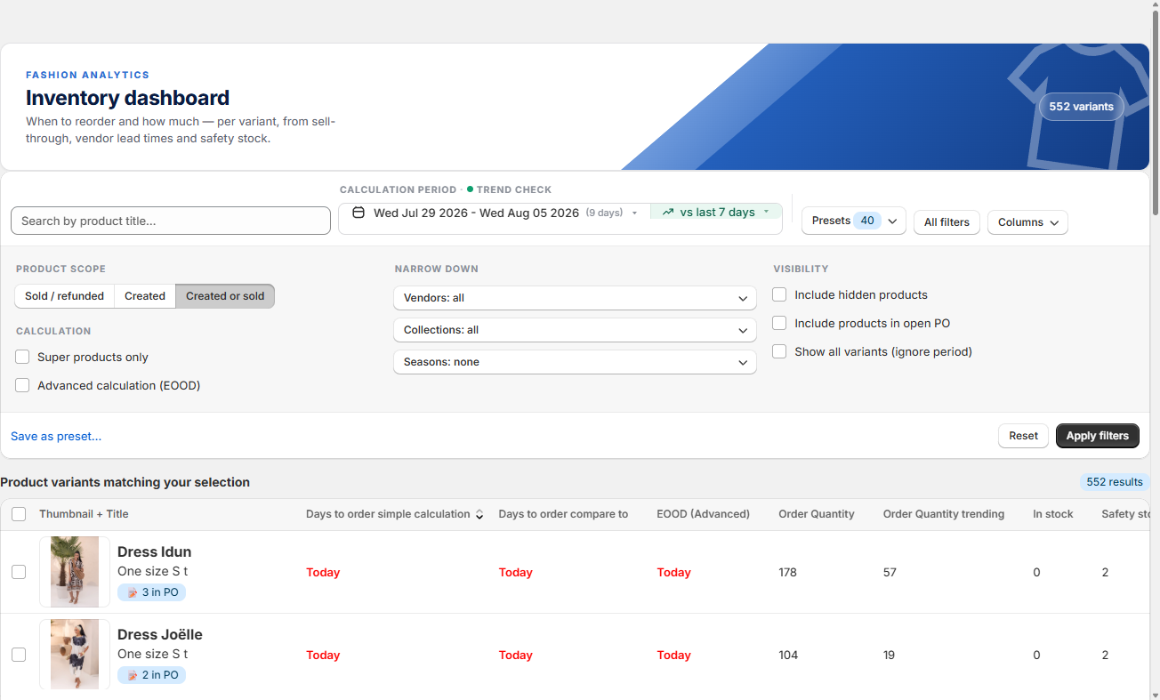The Inventory dashboard visibility filters with the Include hidden products checkbox
