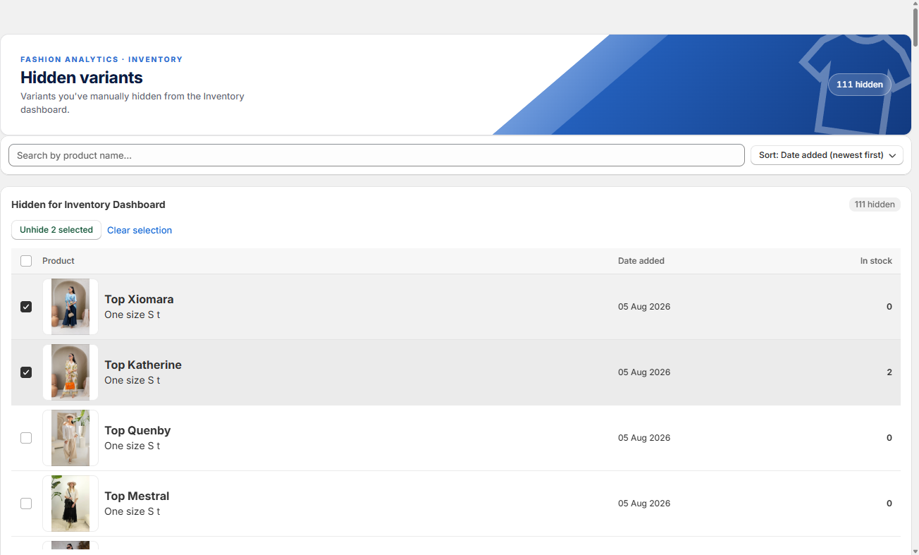 Two selected hidden variants with the Unhide selected and Clear selection buttons