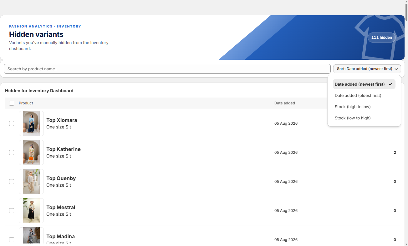 The hidden variants tab with the sort dropdown open, showing the date added and stock options