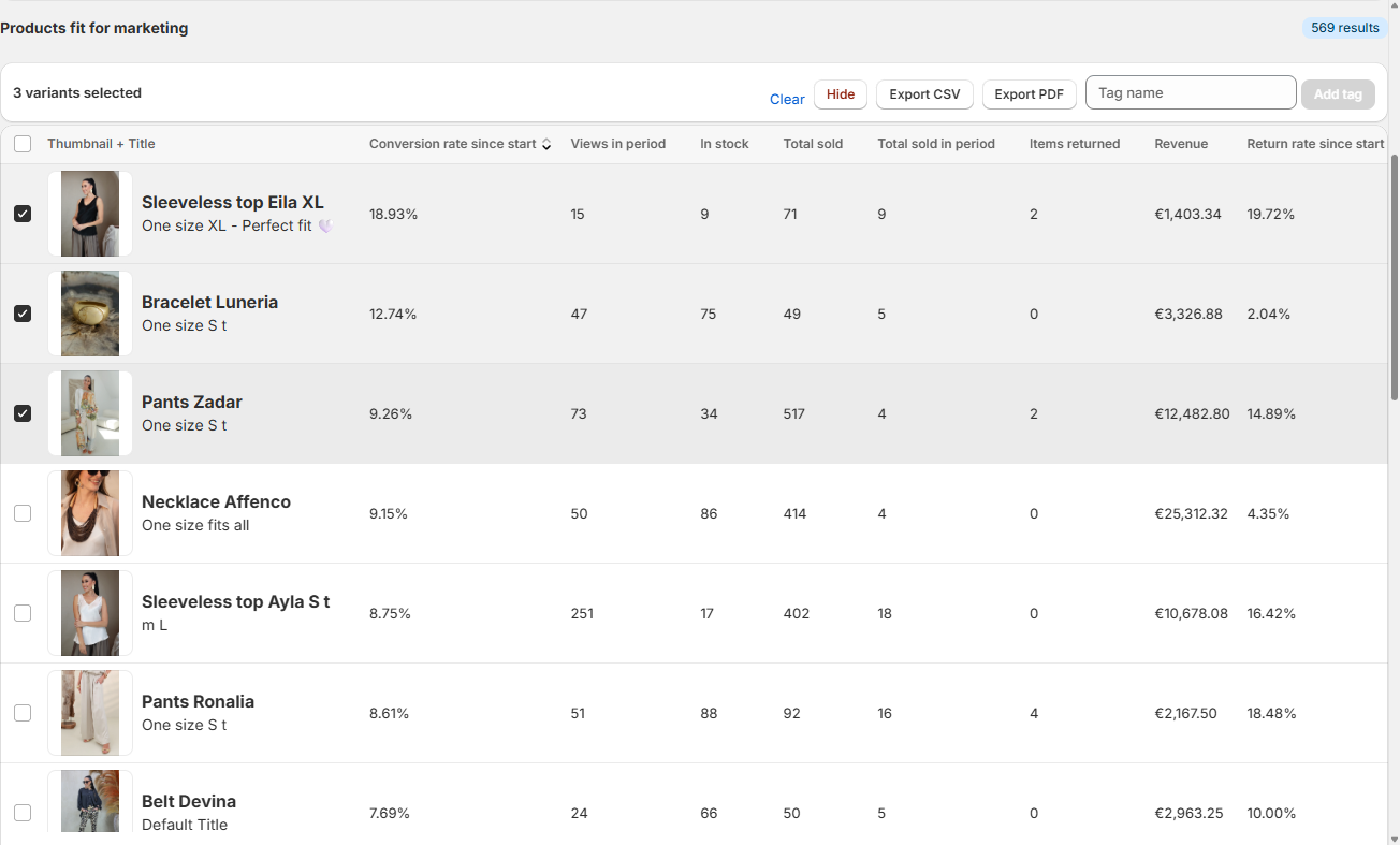 The Marketing dashboard with three rows selected and the Hide button in the bulk bar