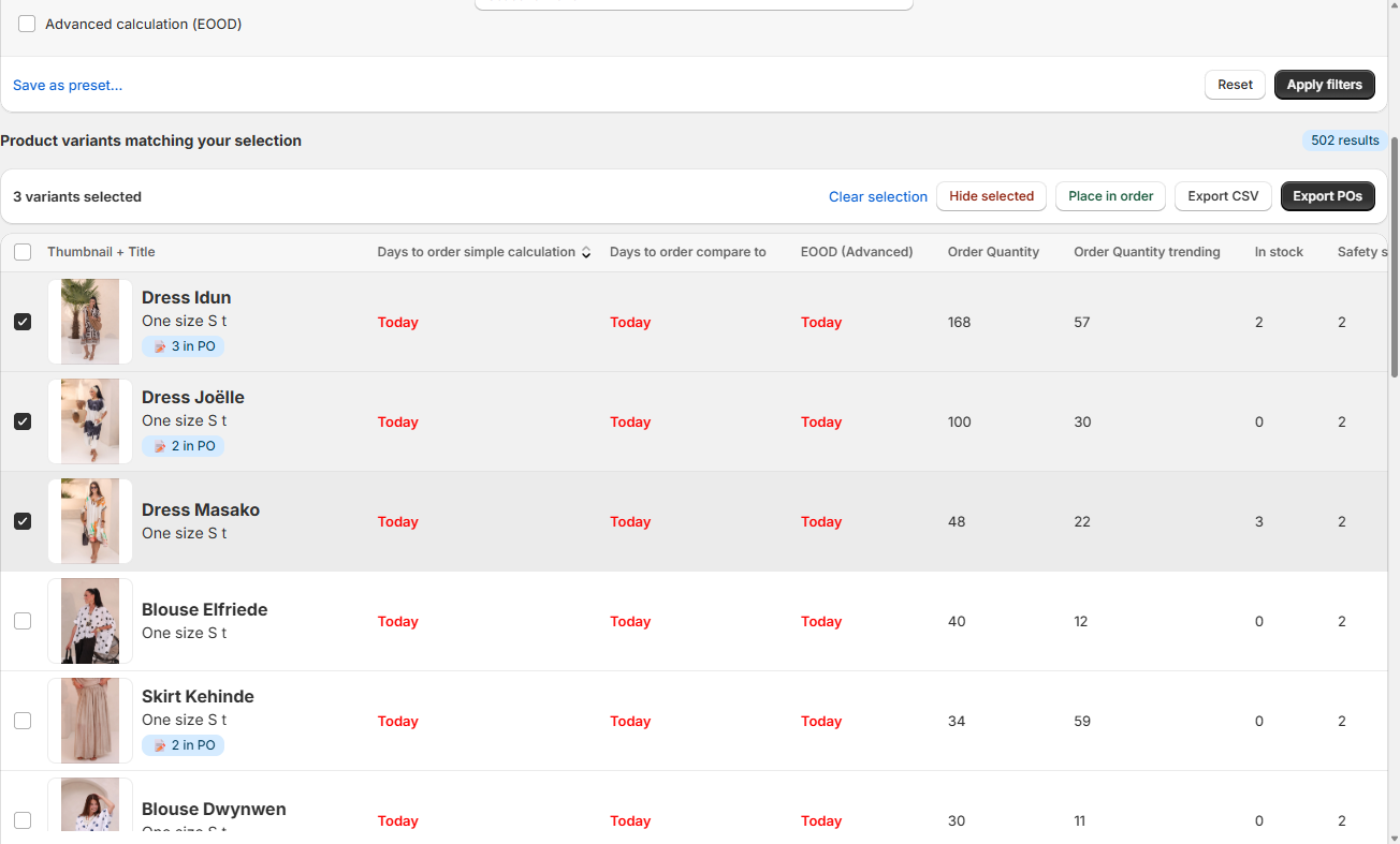 The bulk bar with Hide selected, Place in order, Export CSV and Export POs