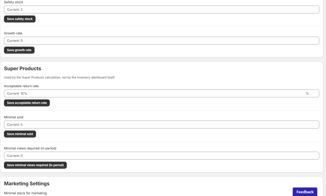 Safety stock and Growth rate on the Settings tab