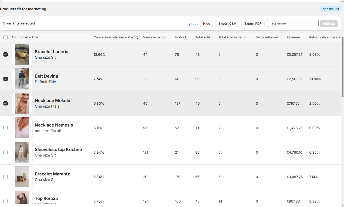 The bulk bar with Hide, Export CSV, Export PDF and Add tag