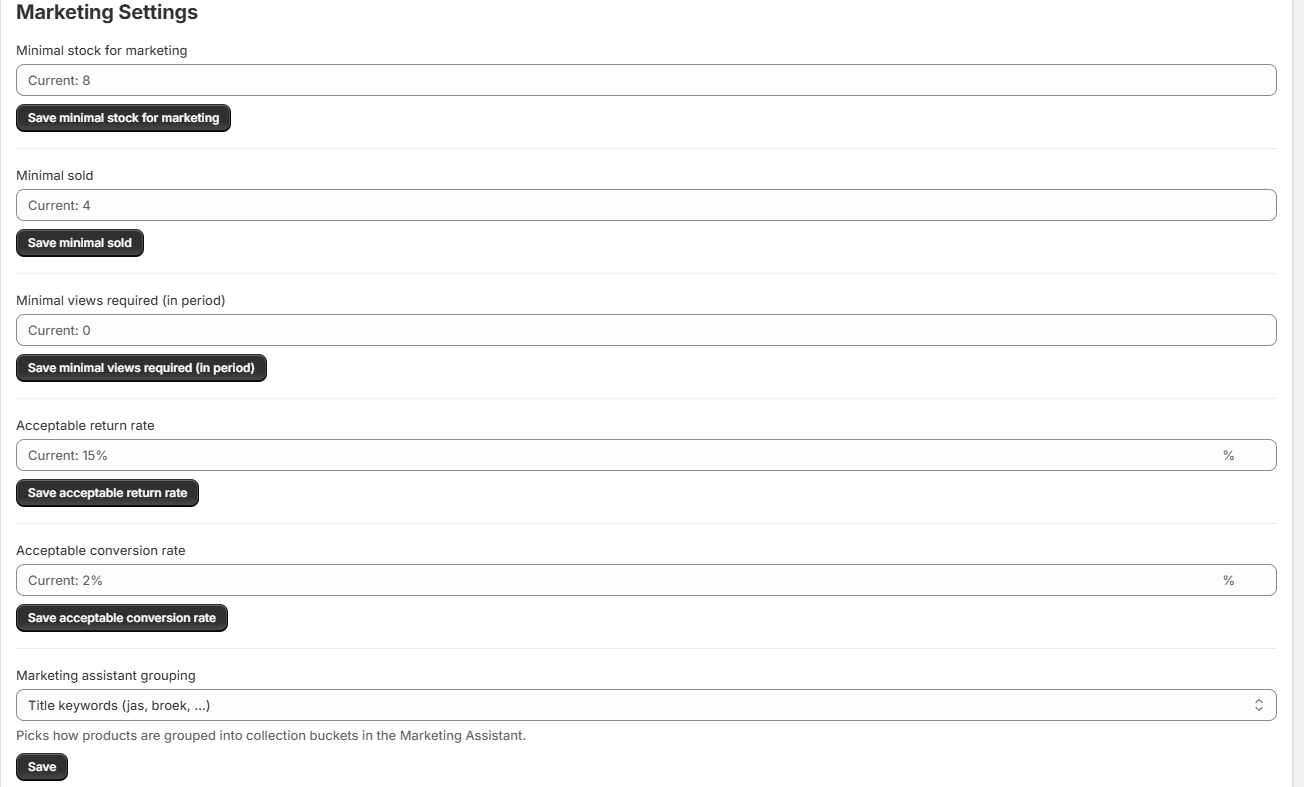 The Marketing Settings section on the Settings tab