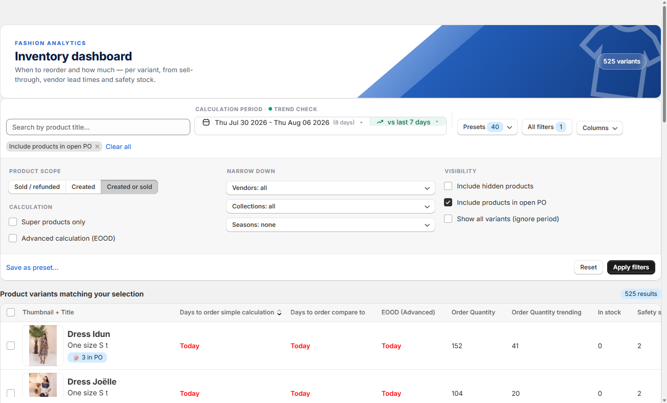 The Inventory dashboard with Include products in open PO ticked and a blue in PO badge on a row