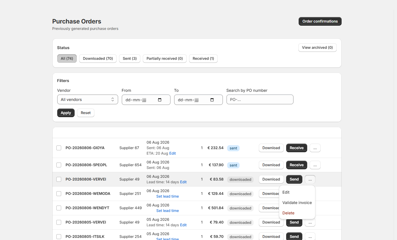 The Purchase orders list with the dots menu open on a downloaded PO, showing the Edit option