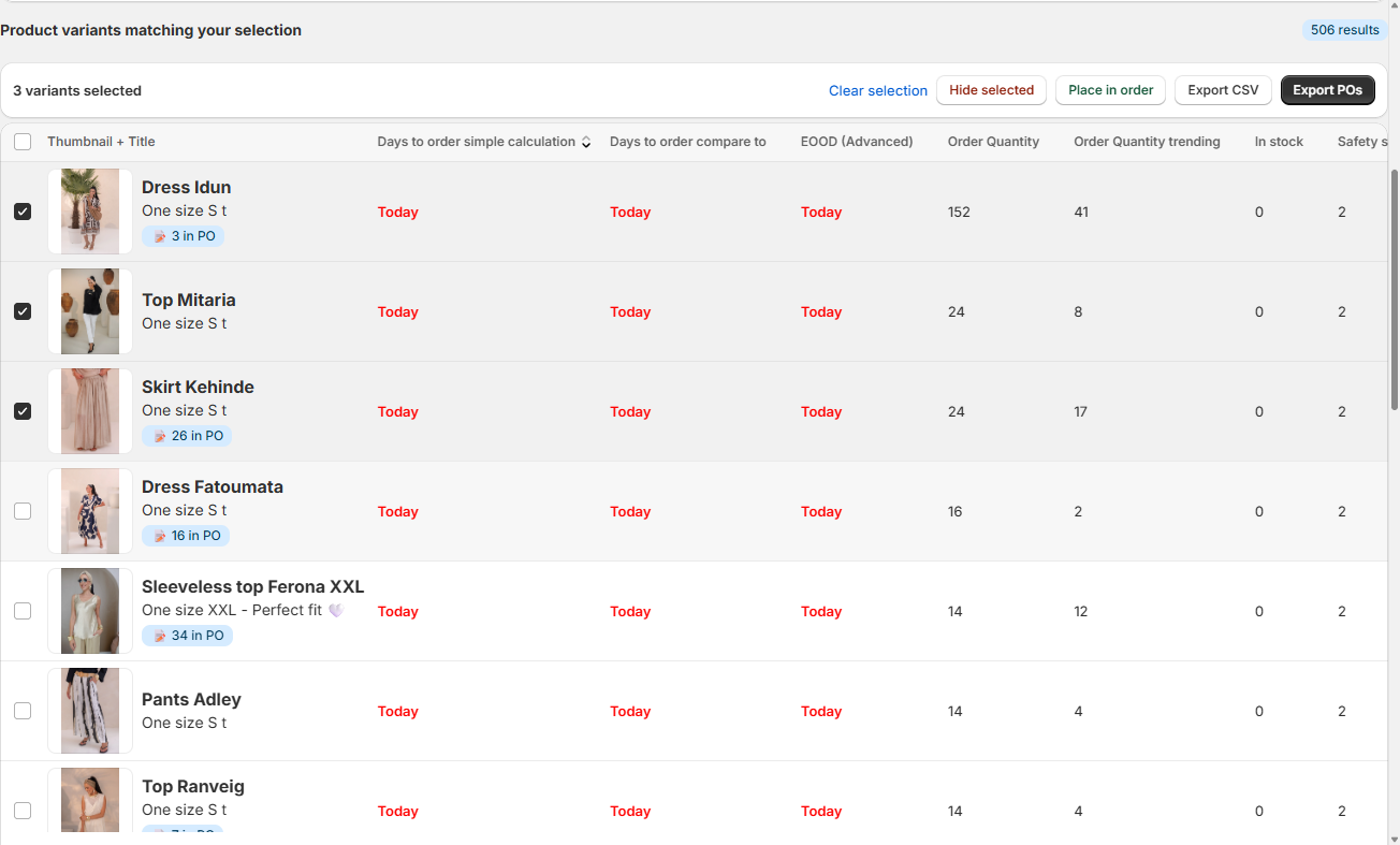 The Inventory dashboard with three selected rows and the Place in order and Export POs buttons