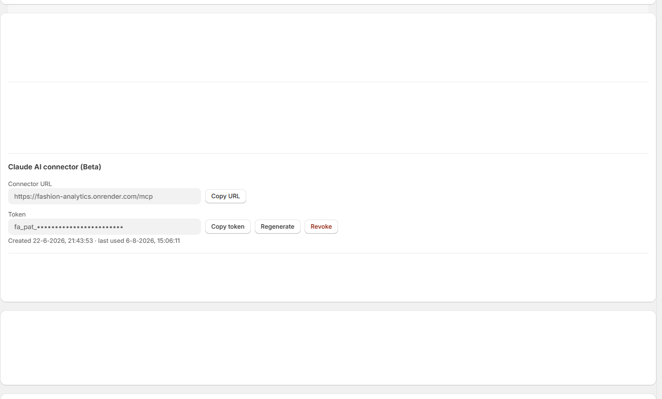 The Claude AI connector section with connector URL and token