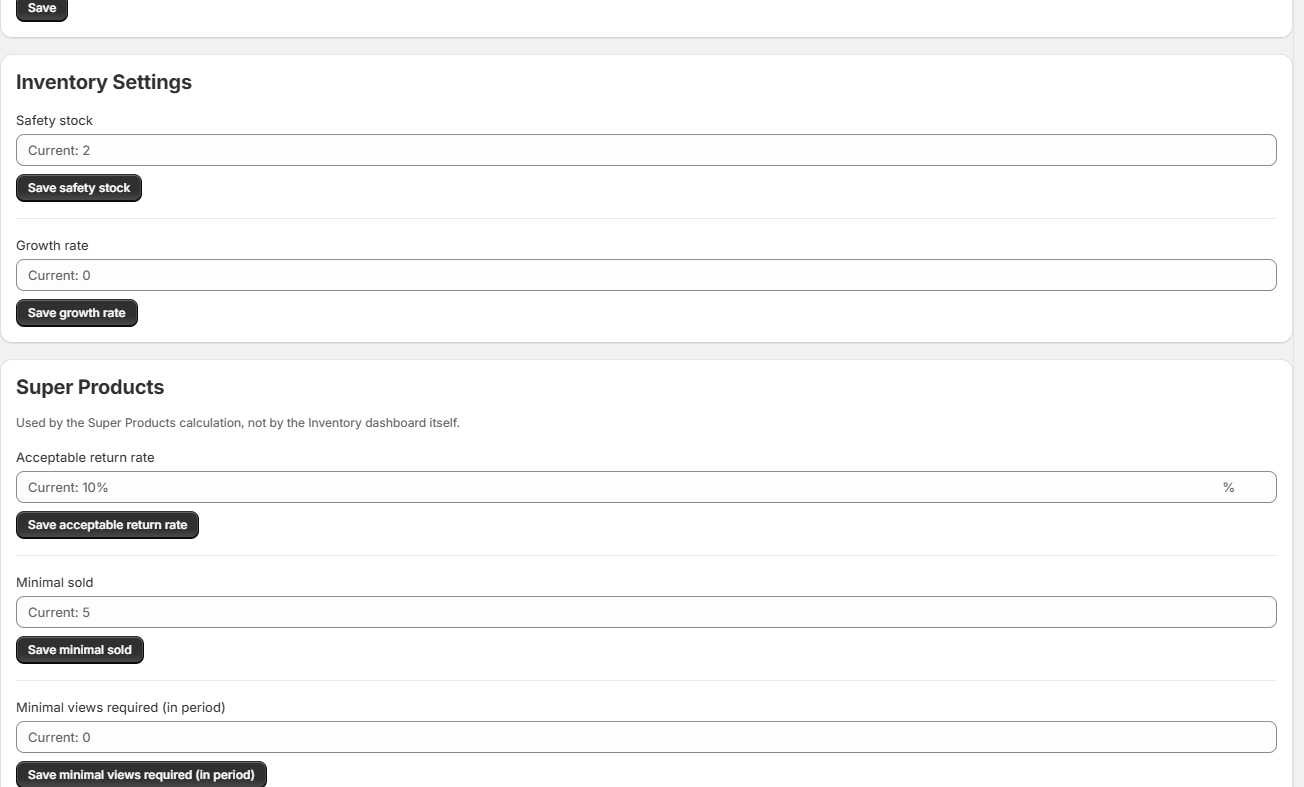 The Inventory Settings section with safety stock and growth rate